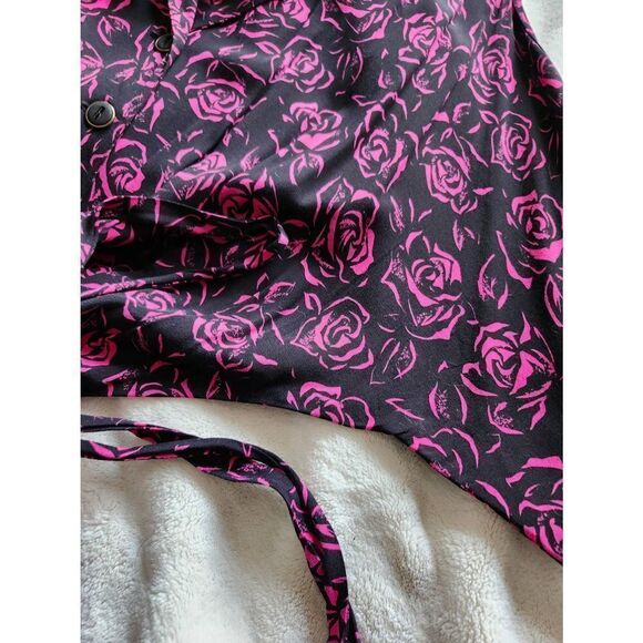 Rose Print Full Button Front Black and Pink Vintage Nu Mode Dress 60s Pinup Flor - Picture 5 of 8